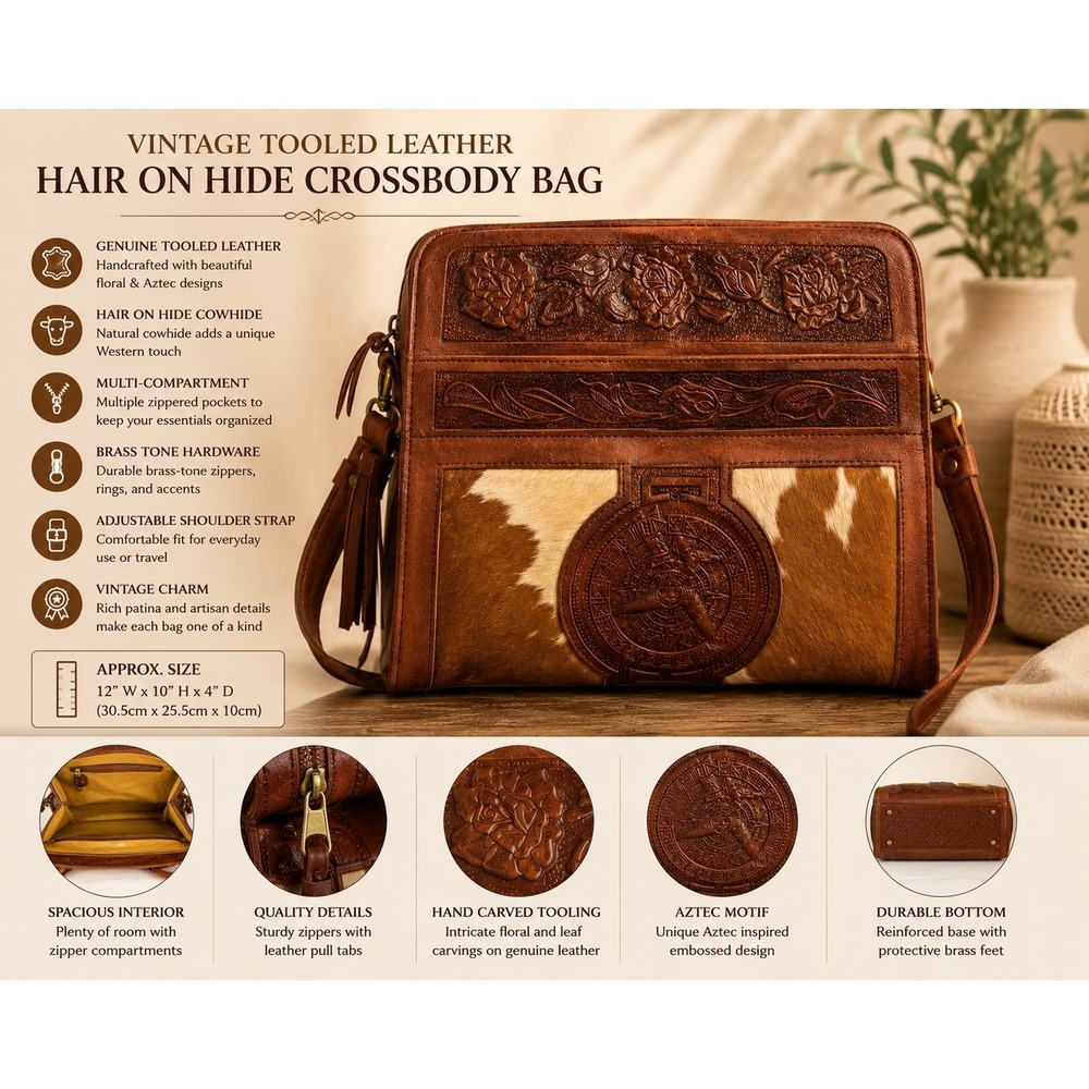 Vintage Tooled Leather Hair on Hide Crossbody Bag Aztec Western Floral Brown